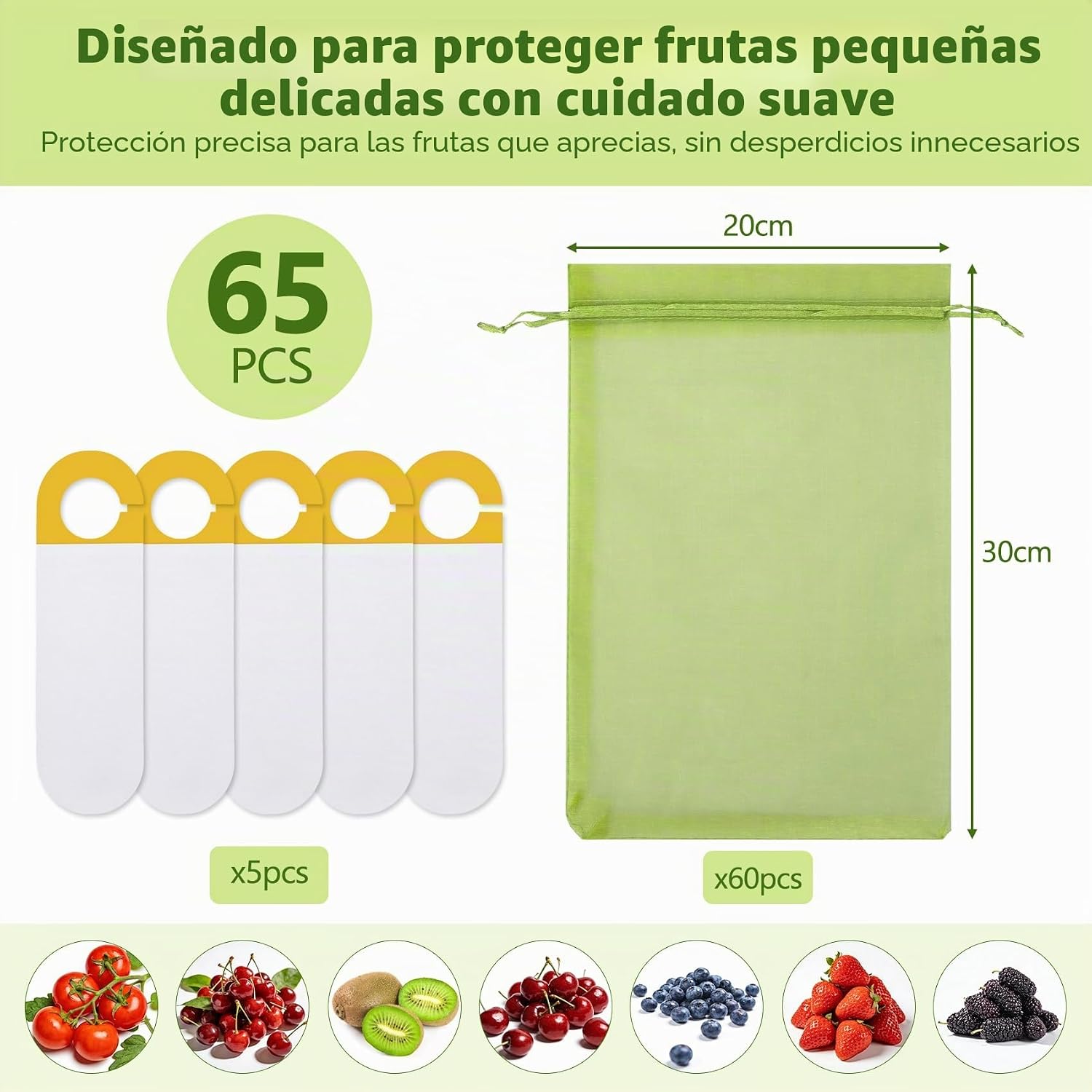 Detalle de 60 Piezas de Bolsas para Uvas en Parra con Cordón de Vegamall (Organza 20x30 cm) + 5 Placas Adhesivas Antiinsectos