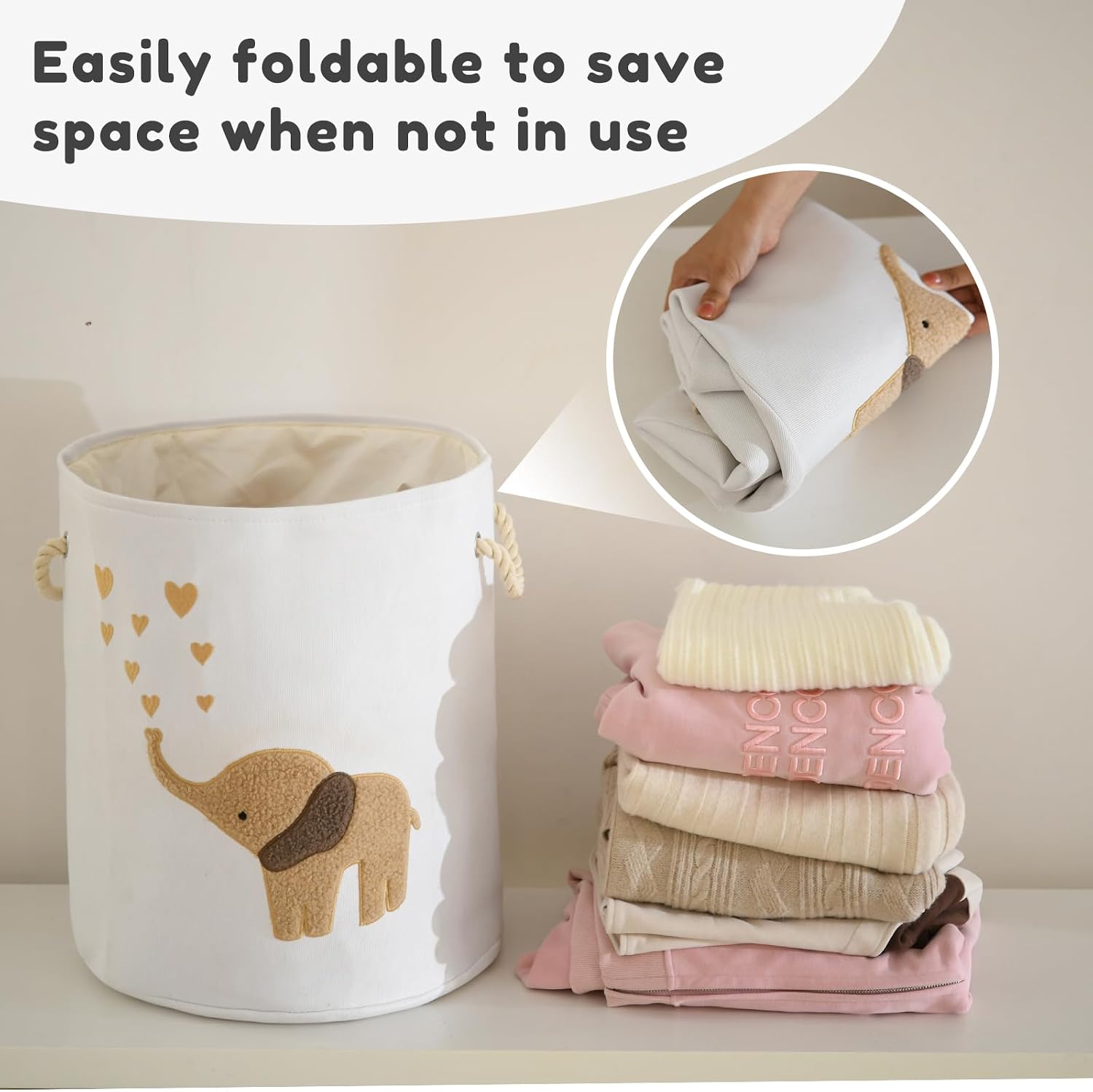 Detalle de INough Baby Laundry Basket Hamper (Canvas, 58L) with Elephant Embroidery & Drawstring Closure