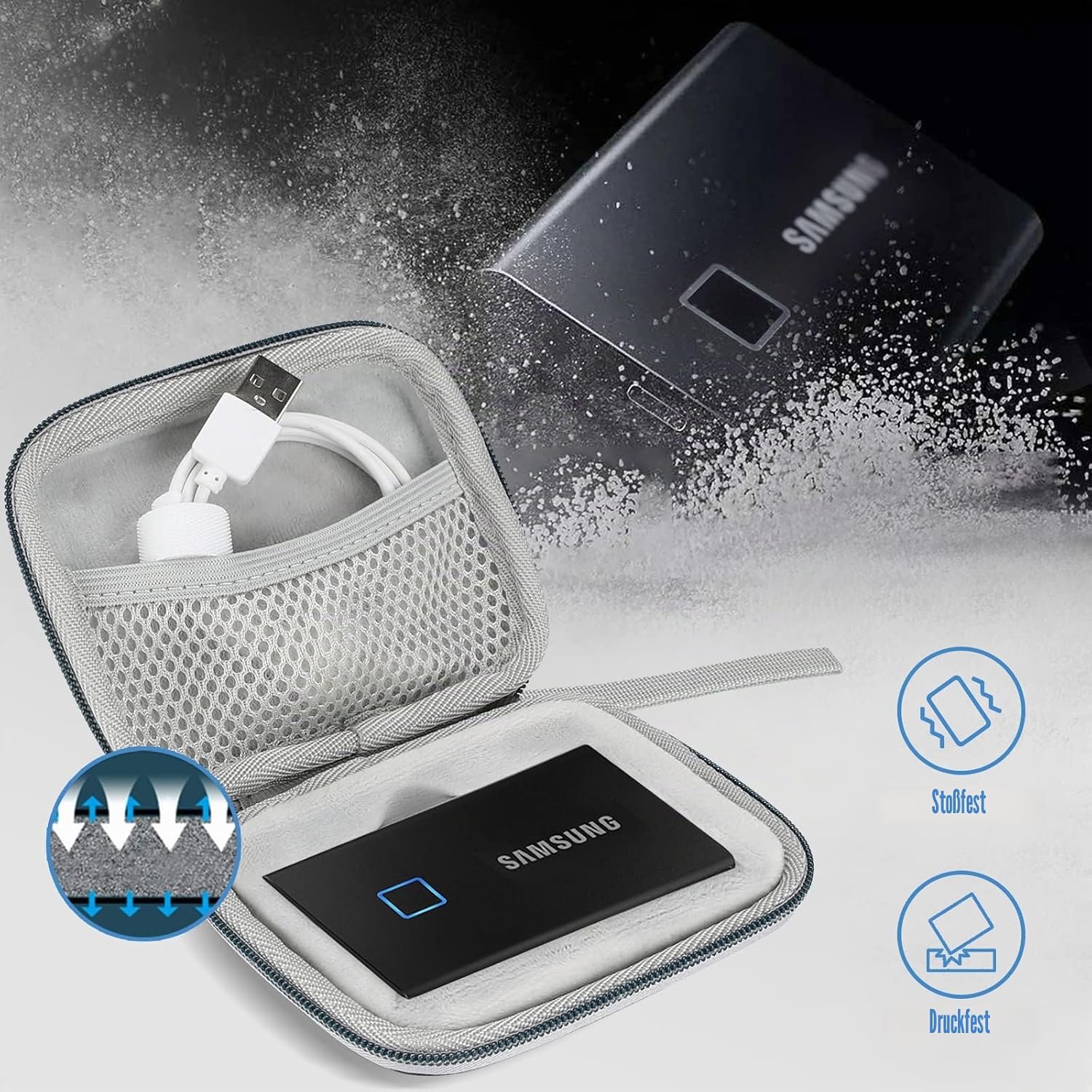 Detalle 2 de ProCase Stoßfeste Festplatten-Tasche für Samsung T7 / T7 Touch Portable SSD – Hartschale mit Organizer, Navy