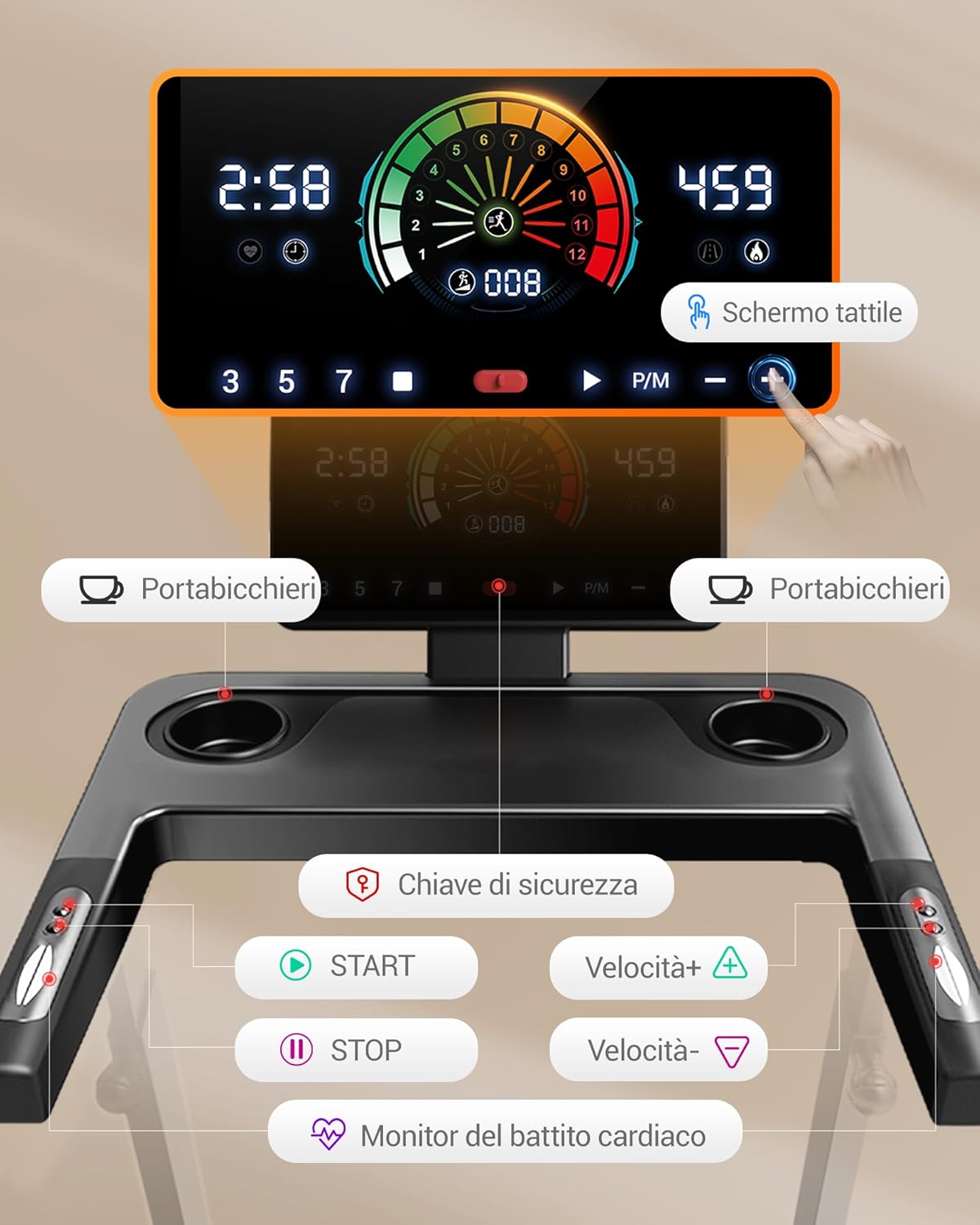 Detalle de UMAY Tapis Roulant Salvaspazio con Pendenza 16%, 3.5HP, Display LED e Cardiofrequenzimetro