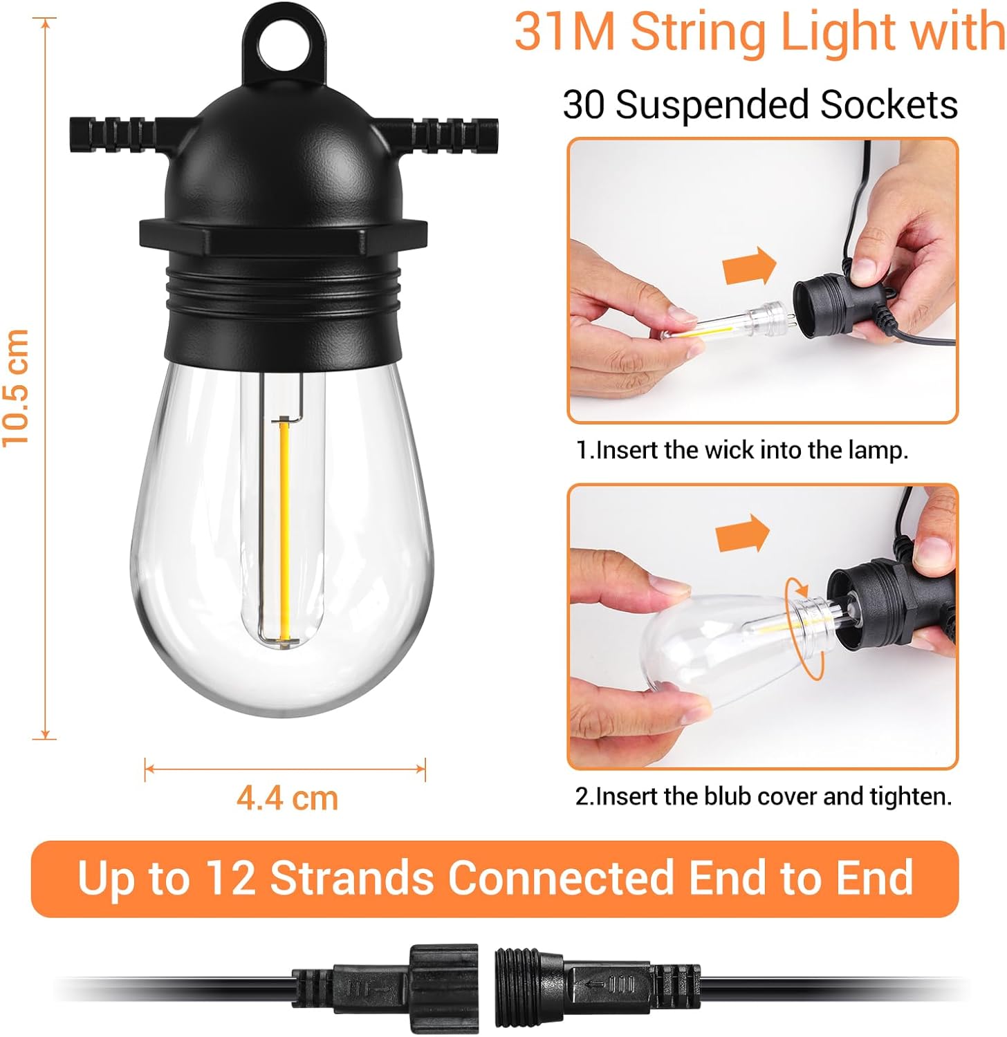 Thumbnail 4 de Quntis Catena Luminosa Esterno LED 31 m con 30+2 Lampadine S14 IP65 – LED per Giardino, Gazebo e Terrazza