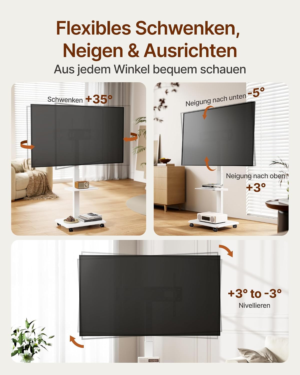 Detalle de ECOTINY TV Ständer Rollbar aus Stahl für 37–75 Zoll – höhenverstellbar, schwenkbar, neigbar, Kabelverwaltung, Weiß