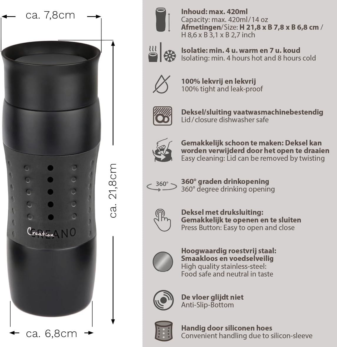 Detalle 2 de Creano noir thermobeker 420 ml van roestvrij staal met 360°-drinkopening