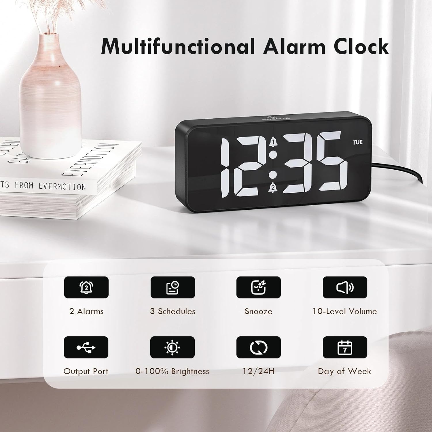 Thumbnail 1 de CHEREEKI mains powered bedside alarm clock with large LED display, dual alarms and USB charging
