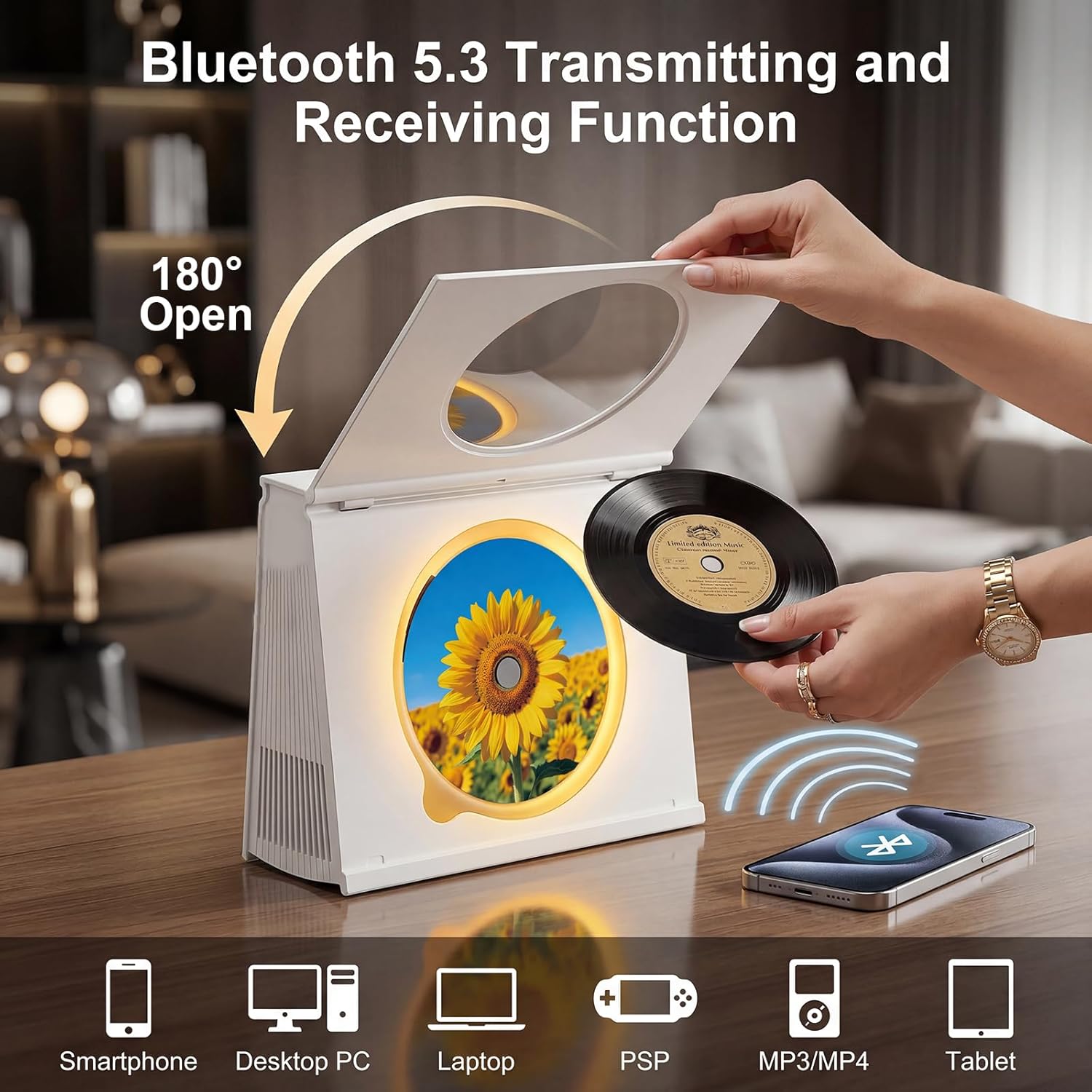 Detalle de Gueray Lettore CD Portatile con Luci Bluetooth 5.3 e Batteria 4000mAh – Design Libreria
