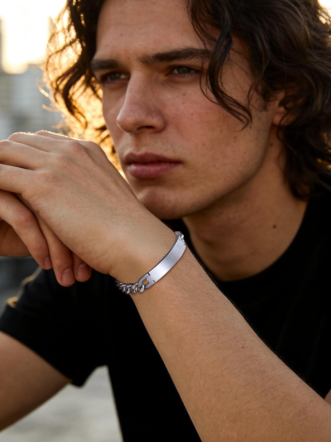 Thumbnail 1 de PROSTEEL Bracciale personalizzato in acciaio 316L con catena cubana e placca orizzontale Argento/Oro/Nero