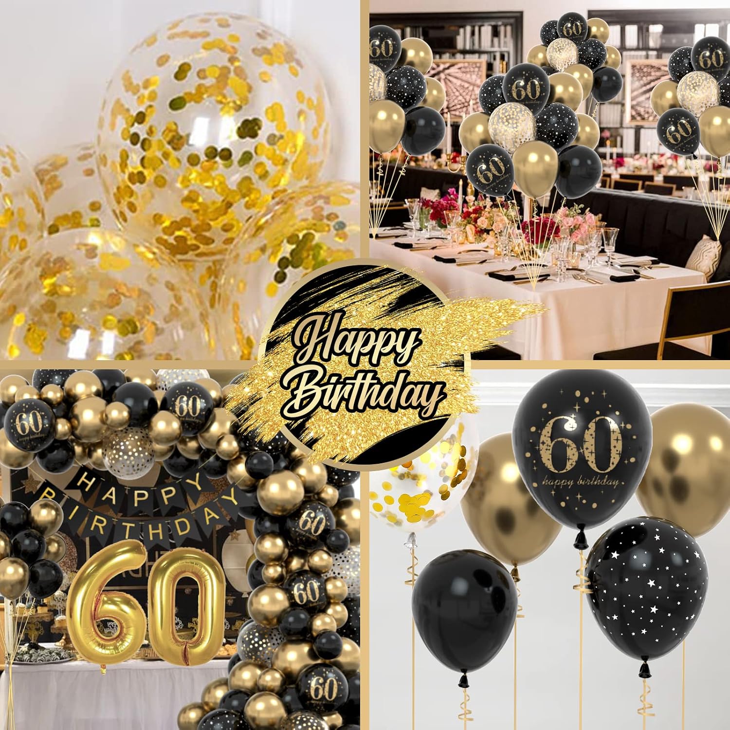 Detalle 2 de Schwarz-Gold 60 Geburtstag Deko mit Happy Birthday Banner & Luftballons – Set für Mann & Frau