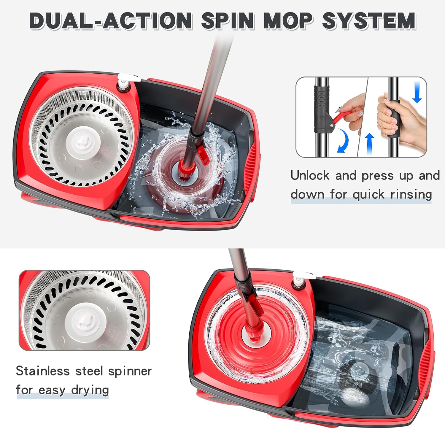 Detalle de Sarkunpio Mop and Bucket Set with Wringer: 61-Inch Spin Mop System with 6 Microfiber Heads
