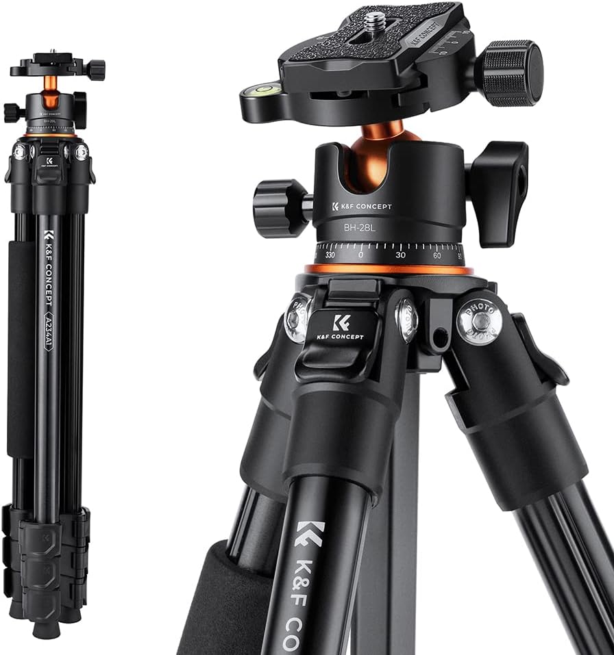 Detalle de K&F Concept 62''/160cm Camera Tripod (A225A1+BH-28L): Portable, Flexible Support for Travel and Work