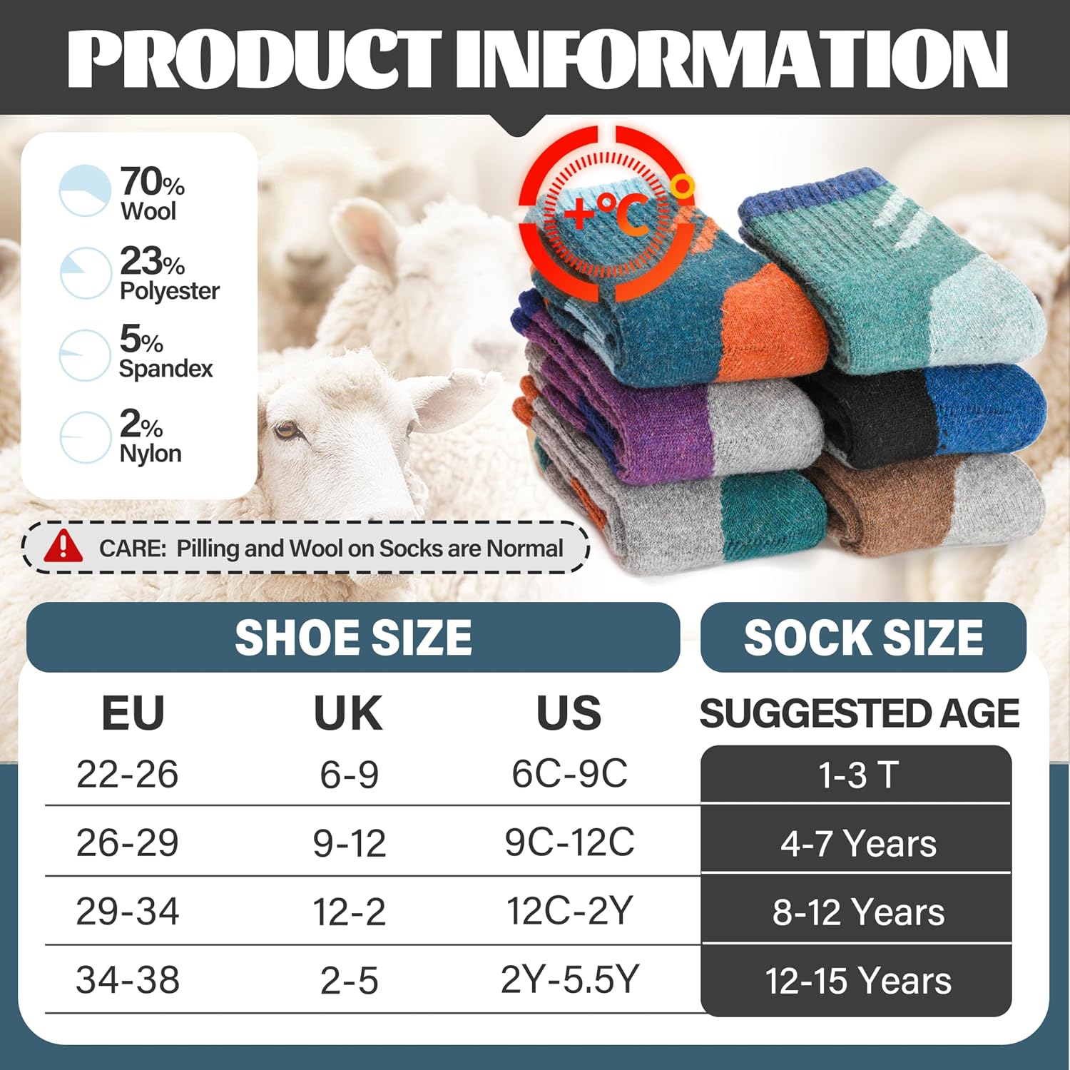 Detalle de Anlisim Kids Merino Wool Hiking Crew Socks, 6 Pairs with Cushioning