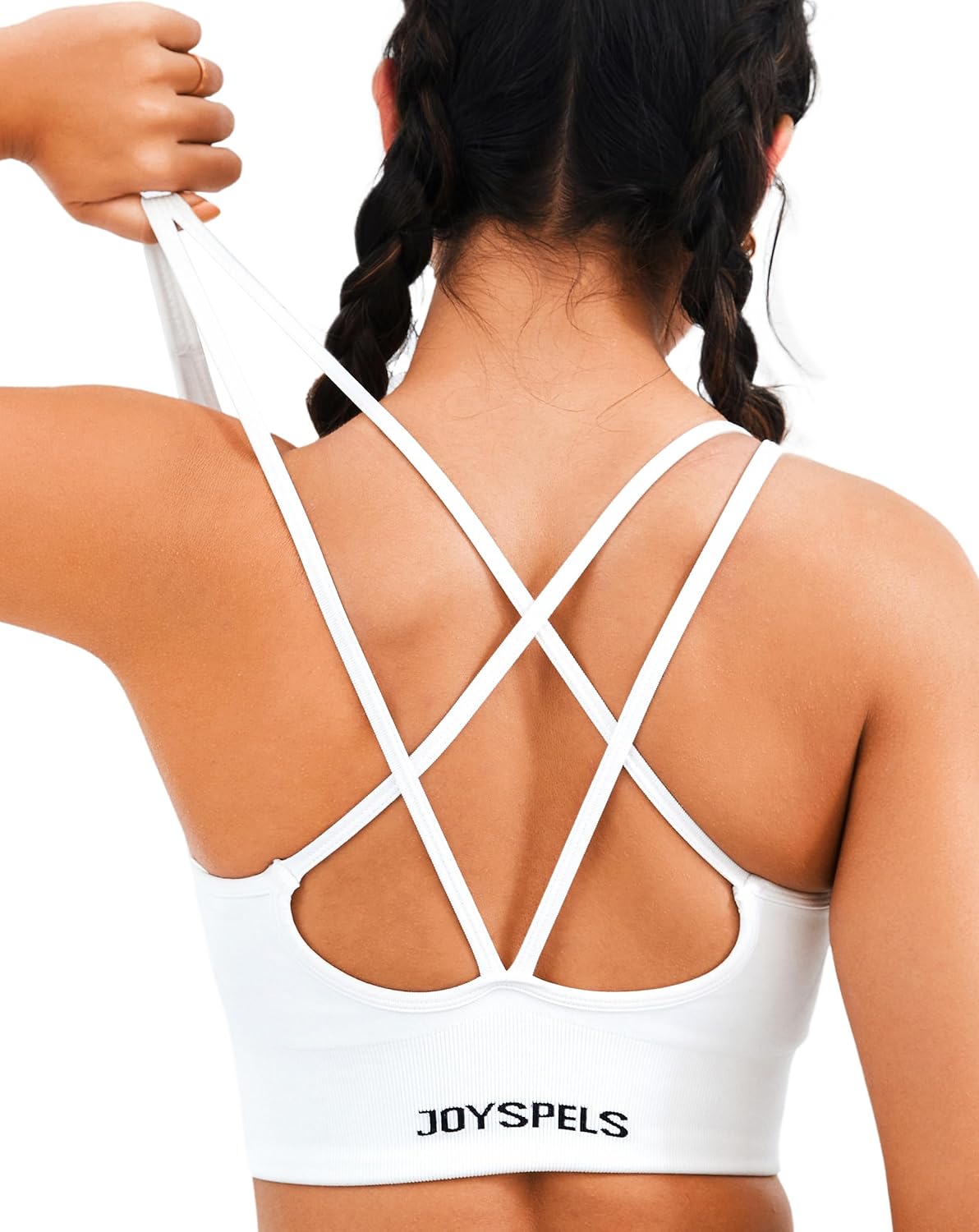 Detalle de JOYSPELS Women's Seamless Longline Sports Bra – Slim Strap, 4-Way Stretch Yoga Top with Removable Pads