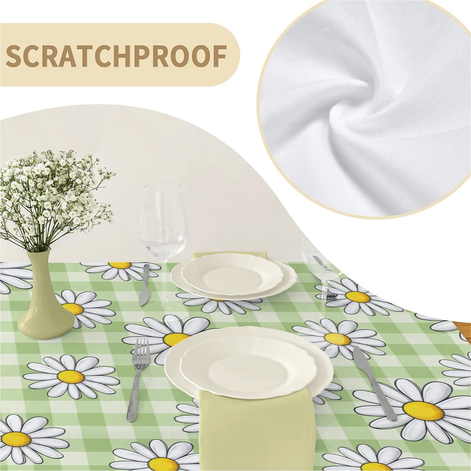 Thumbnail 1 de artslion Rectangle Waterproof 60x84in Wipeable Table Cover – Green Checkered Daisy Flowers (Non-PVC Fabric)