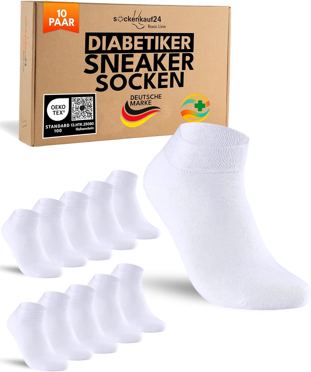 sockenkauf24 10 Paar Diabetiker Sneaker Socken ohne Gummibund & ohne Naht