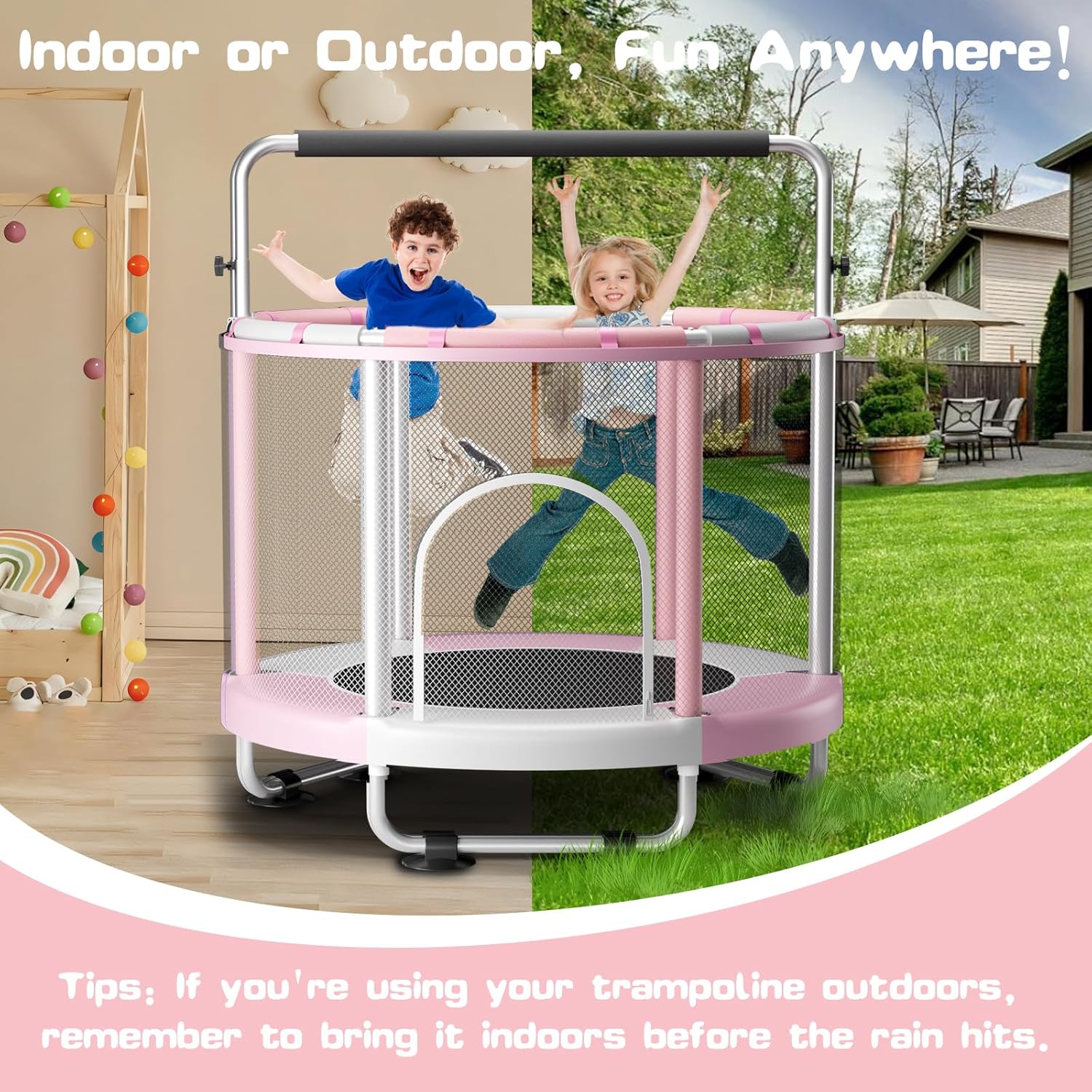 Thumbnail 4 de ZCMHAXJ 55-Inch Kids Trampoline with Enclosure, 440-lb Capacity, Adjustable Gymnastics Bar & Toys