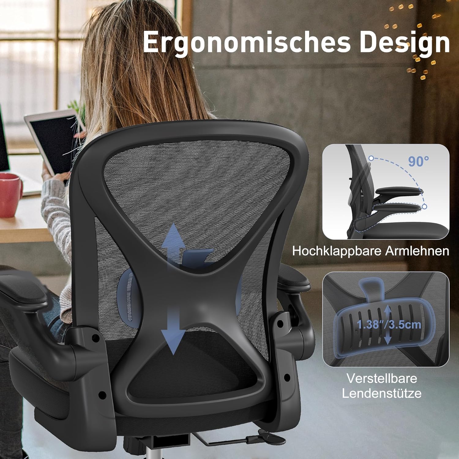 Thumbnail 3 de Keratee Sedia da ufficio ergonomica in mesh con supporto lombare regolabile e braccioli ribaltabili, seduta girevole 360° in nero