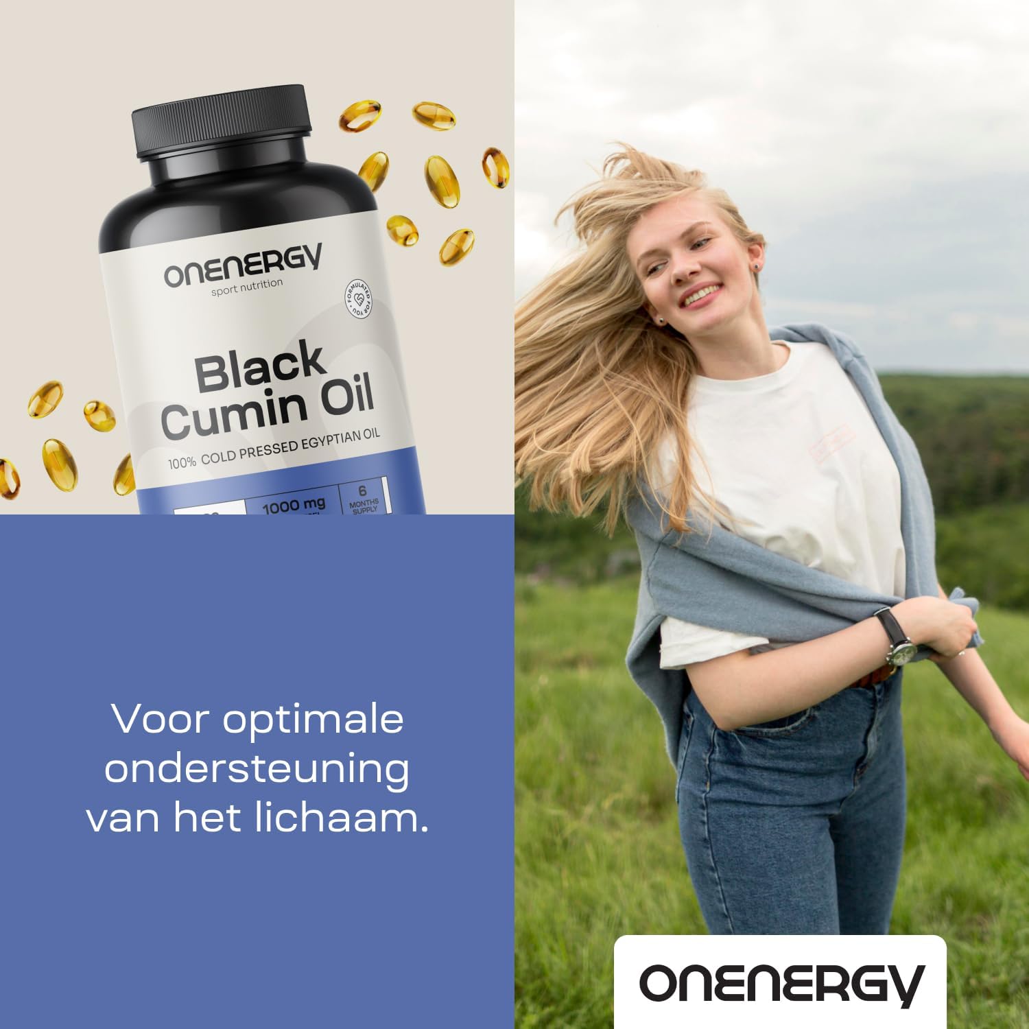 Detalle 2 de ONENERGY zwarte komijnolie 1000 mg, koudgeperst, 180 zachte capsules