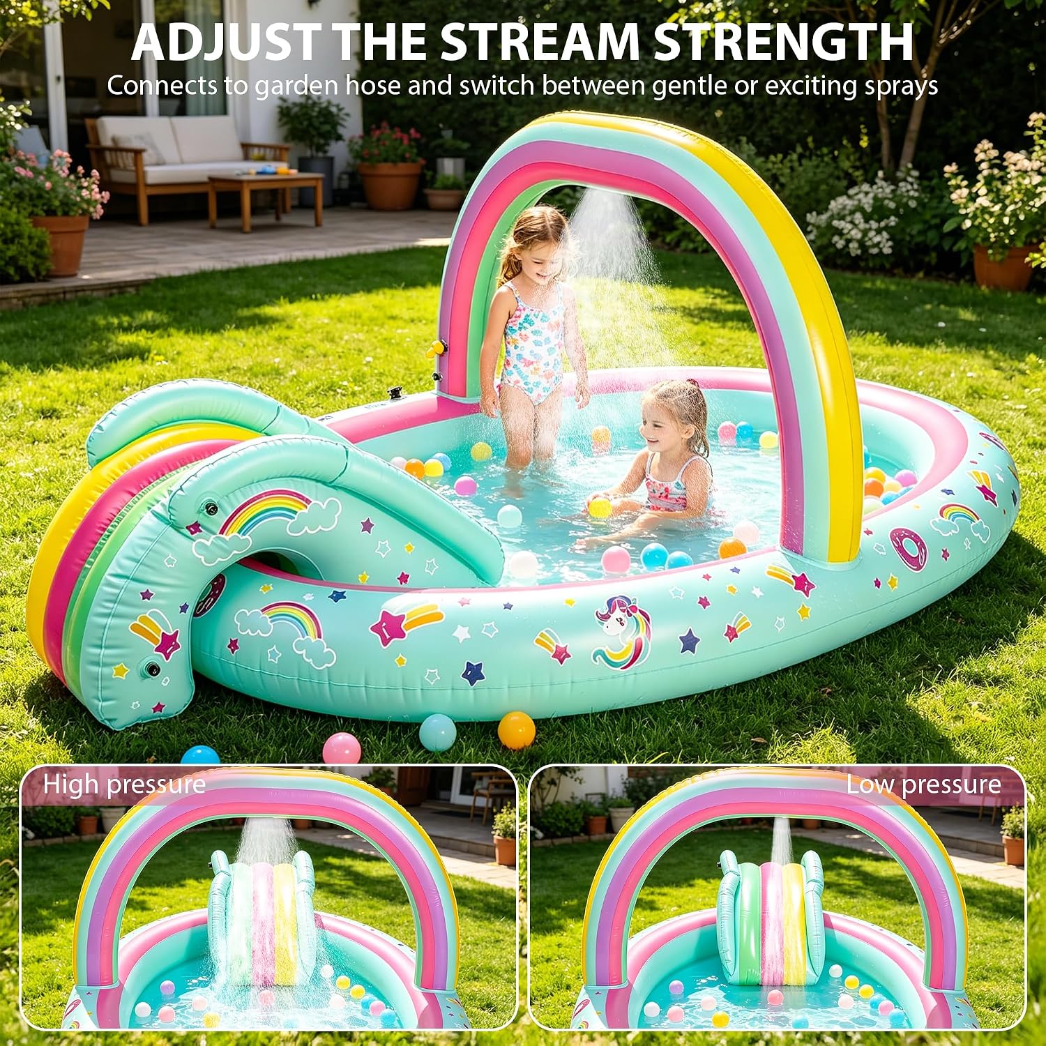 Detalle 2 de SULIFEEL Rainbow Unicorn Inflatable Play Center: 96'' x 59'' x 39'' Kiddie Pool with Slide and Sprinkler