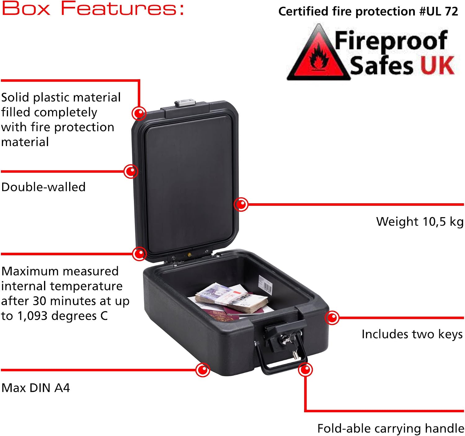 Thumbnail 1 de Burg Wächter FP22K Fireproof A4 Document Deed Box Safe Fire Chest (Black)
