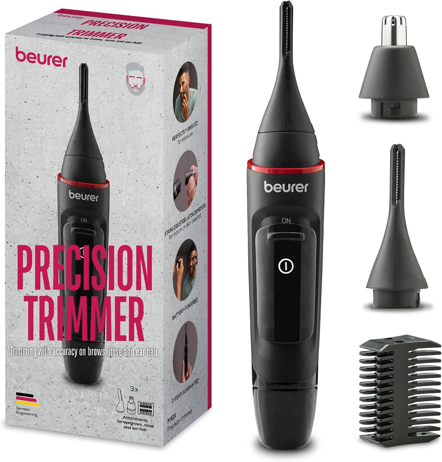Detalle de Beurer MN3X Precision Trimmer for Nose, Ear and Eyebrow Hair, 3 Attachments