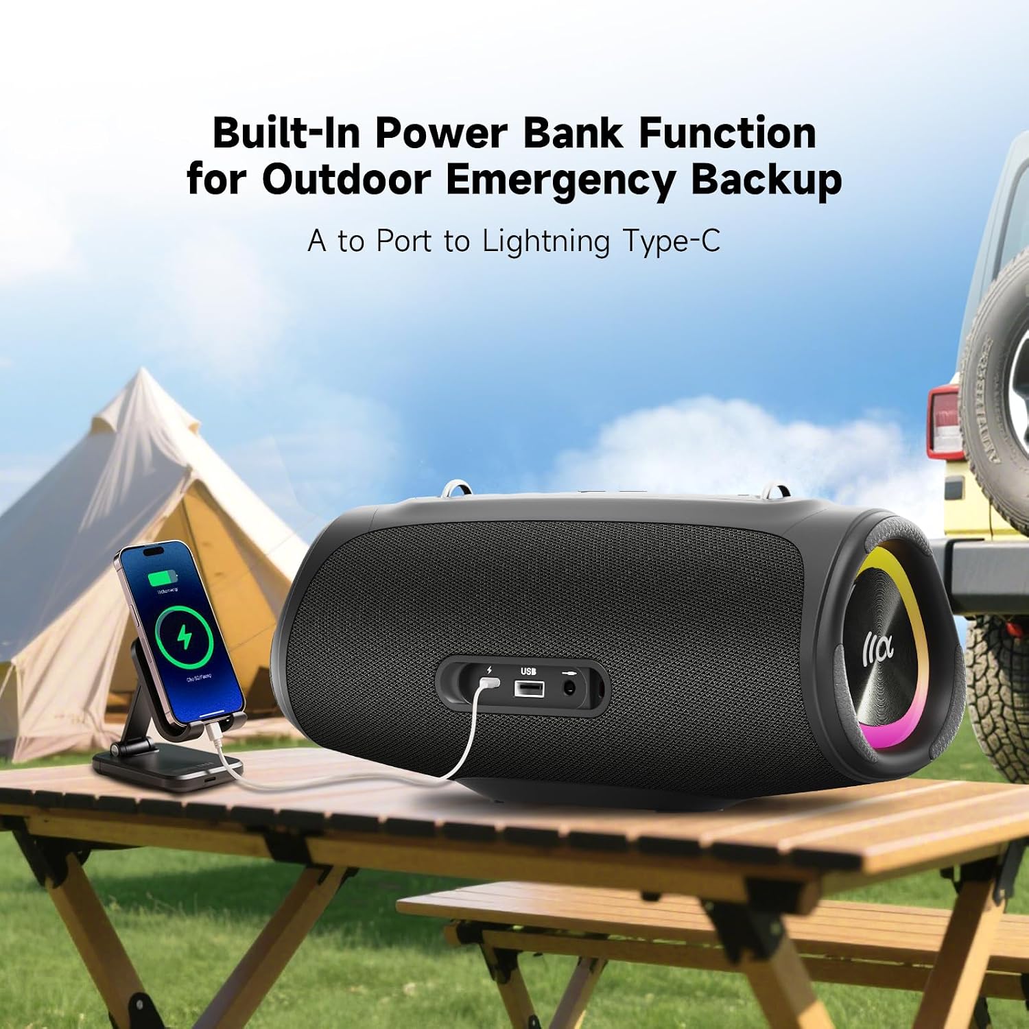 Detalle 2 de TAZATA Boomblaster Mini: 90W Outdoor Bluetooth-Lautsprecher mit Powerbank & Broadcast-Funktion