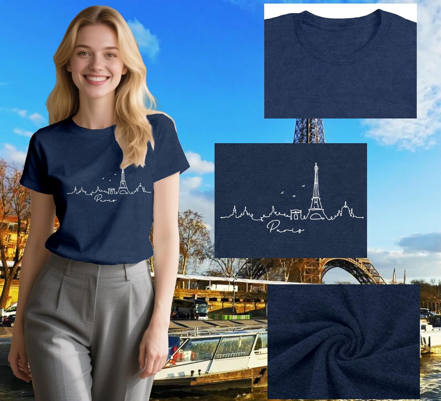 Detalle 2 de Qskall women’s Paris travel T-shirt with Eiffel Tower print (Bonjour tee)
