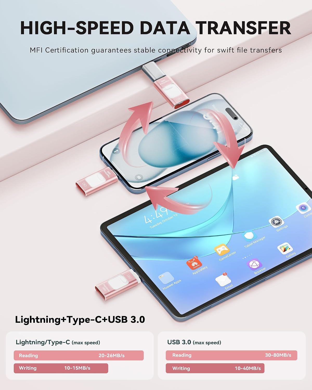 Detalle de ROSPE 256GB USB Stick for iPhone – 3-in-1 Lightning, Type-C & USB 3.0 with MFi Certification