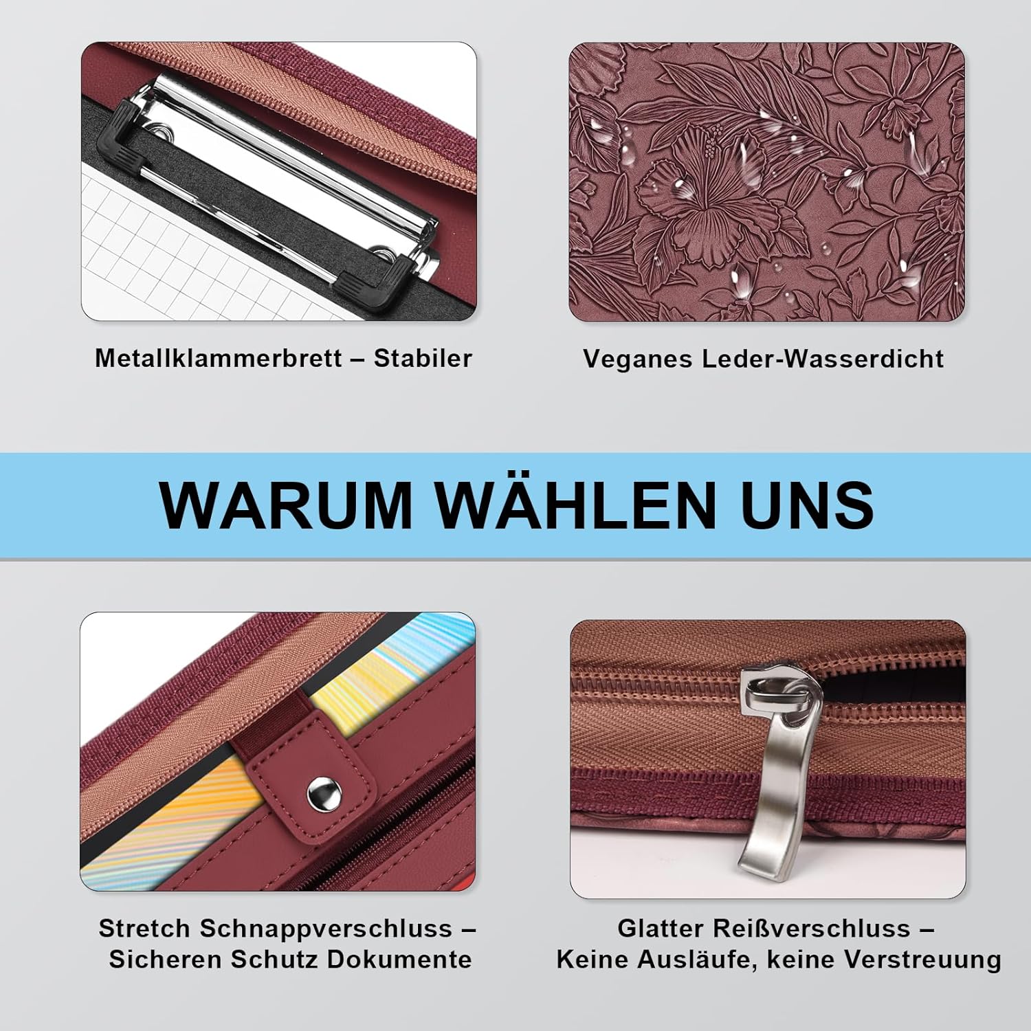 Thumbnail 4 de Leathario Schreibmappe A4 mit 5er Register und 4-Ringbuch, Konferenzmappe mit Reißverschluss