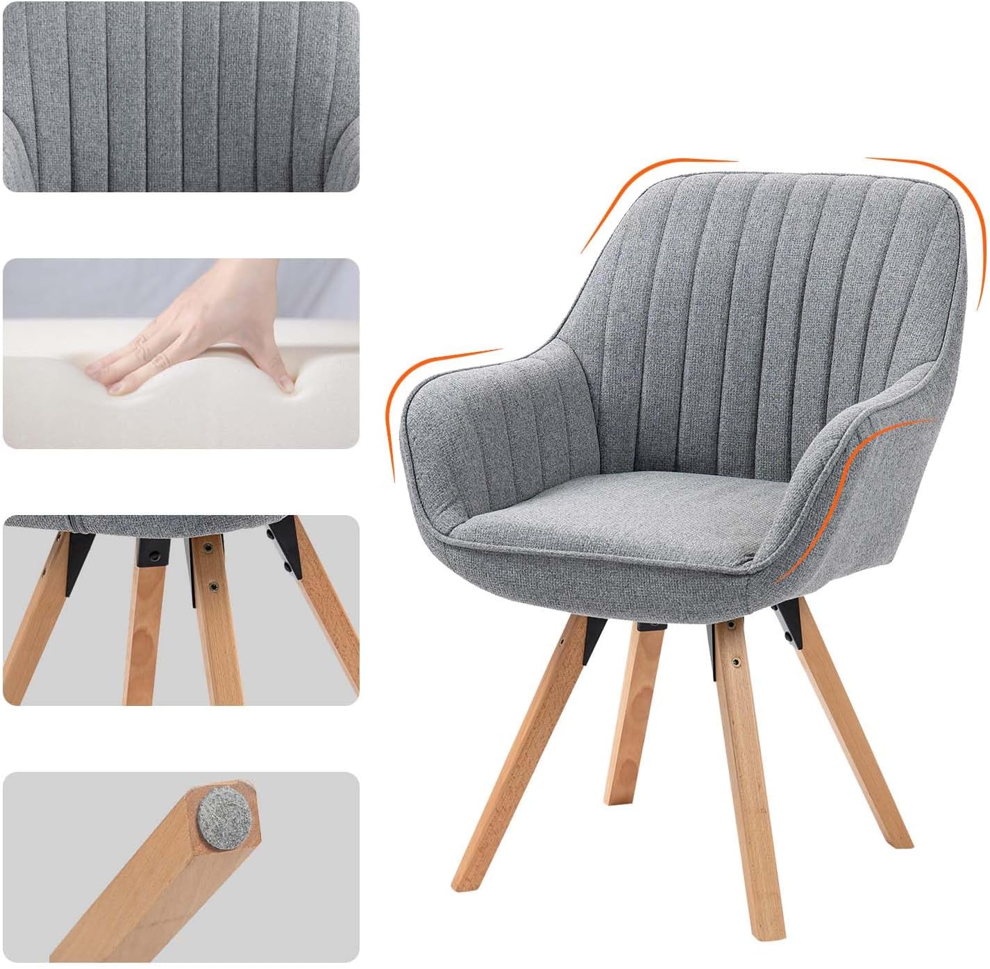 Detalle de MEUBLE COSY sedia girevole a 360° per pranzo e ufficio, imbottita in tessuto con schienale e braccioli (grigio)