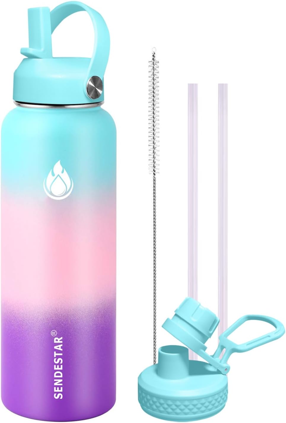 Detalle de SENDESTAR 40oz Water Bottle with Double Wall Vacuum Insulation, Straw Lid & Spout Lid – Hydrangea