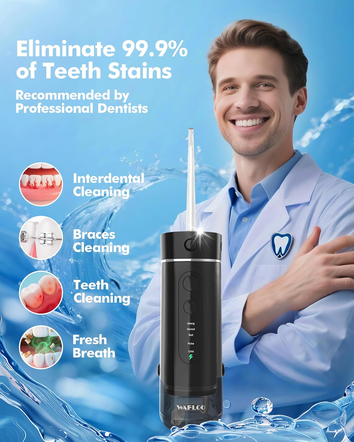 Detalle de Idropulsore Dentale Portatile a 5 Modalità con serbatoio 180 ml – IPX7, USB-C