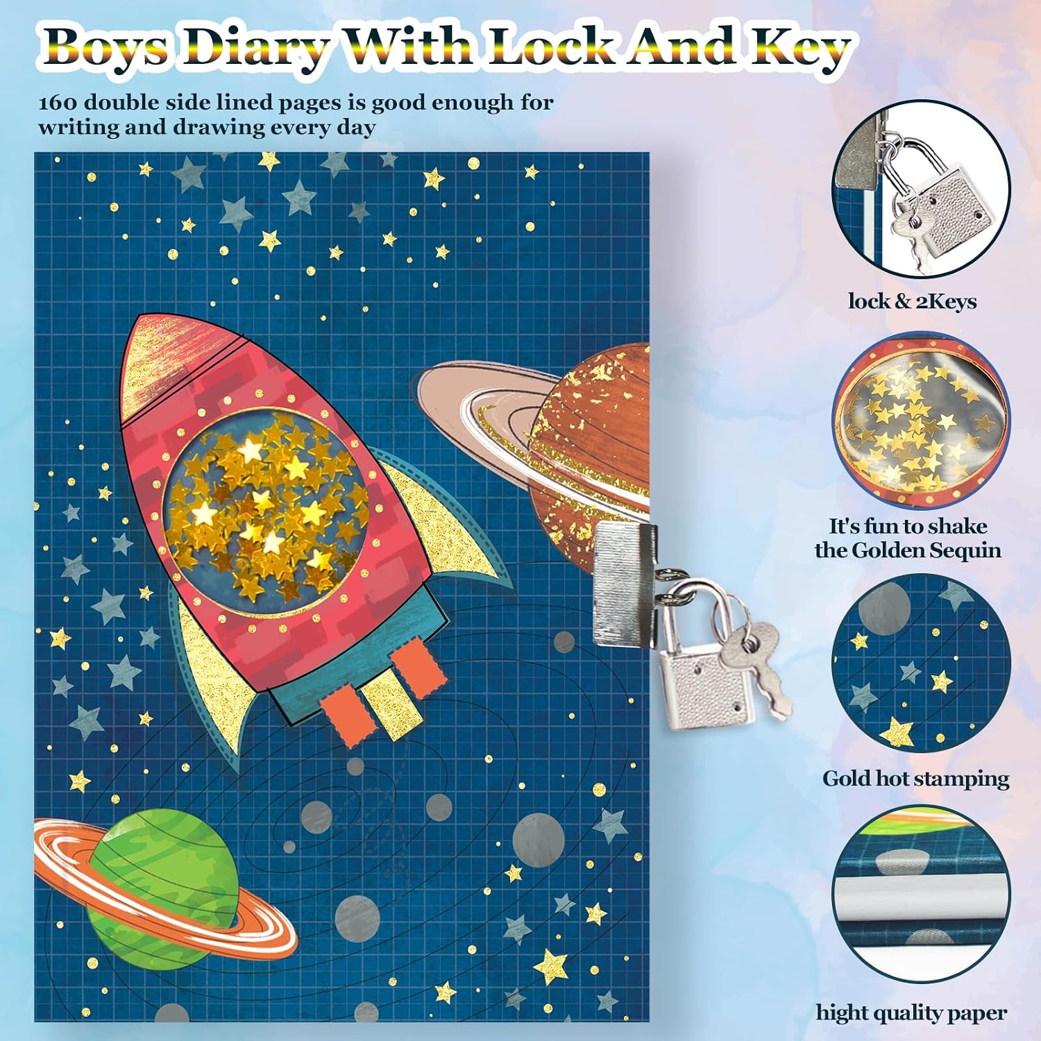 Detalle de GINMLYDA Spacecraft Diary with Lock, Shakable Sequin Cover, 160 Pages