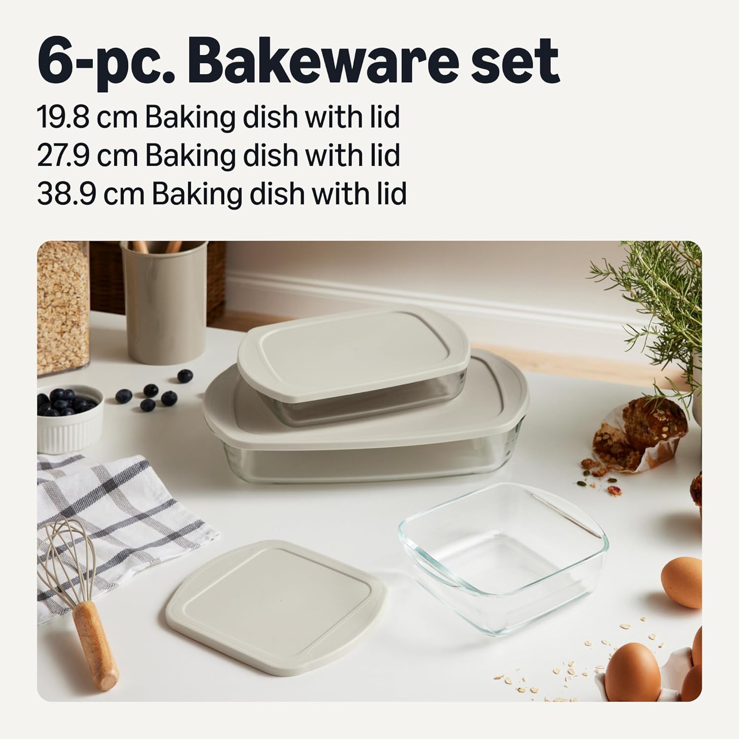Detalle 2 de Amazon Basics Glass Baking Dishes with BPA-Free Lids, 6-Piece Set (Borosilicate Glass, Linen Gray)