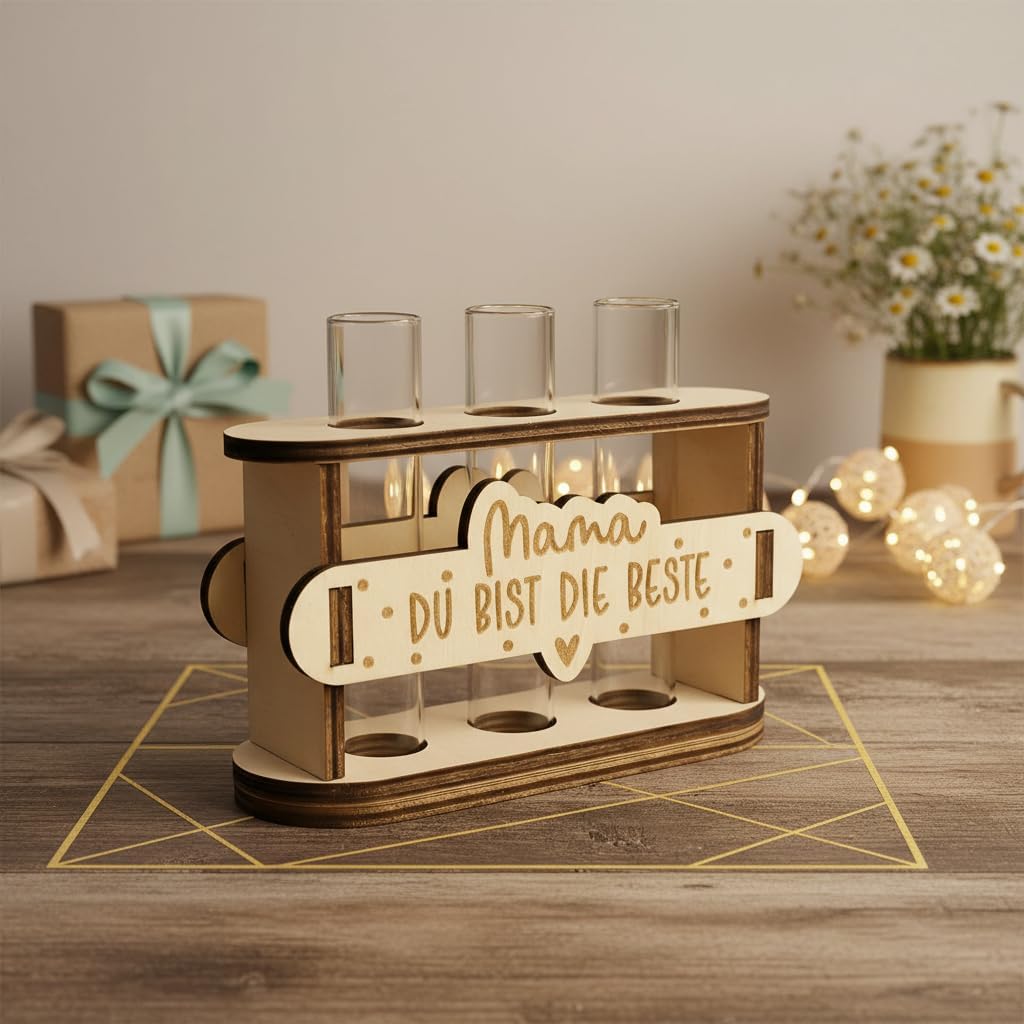 Thumbnail 1 de Geschenke für Mama: Holz-Reagenzglas-Vase mit Lichterkette – Blumenständer für Muttertag & Geburtstag