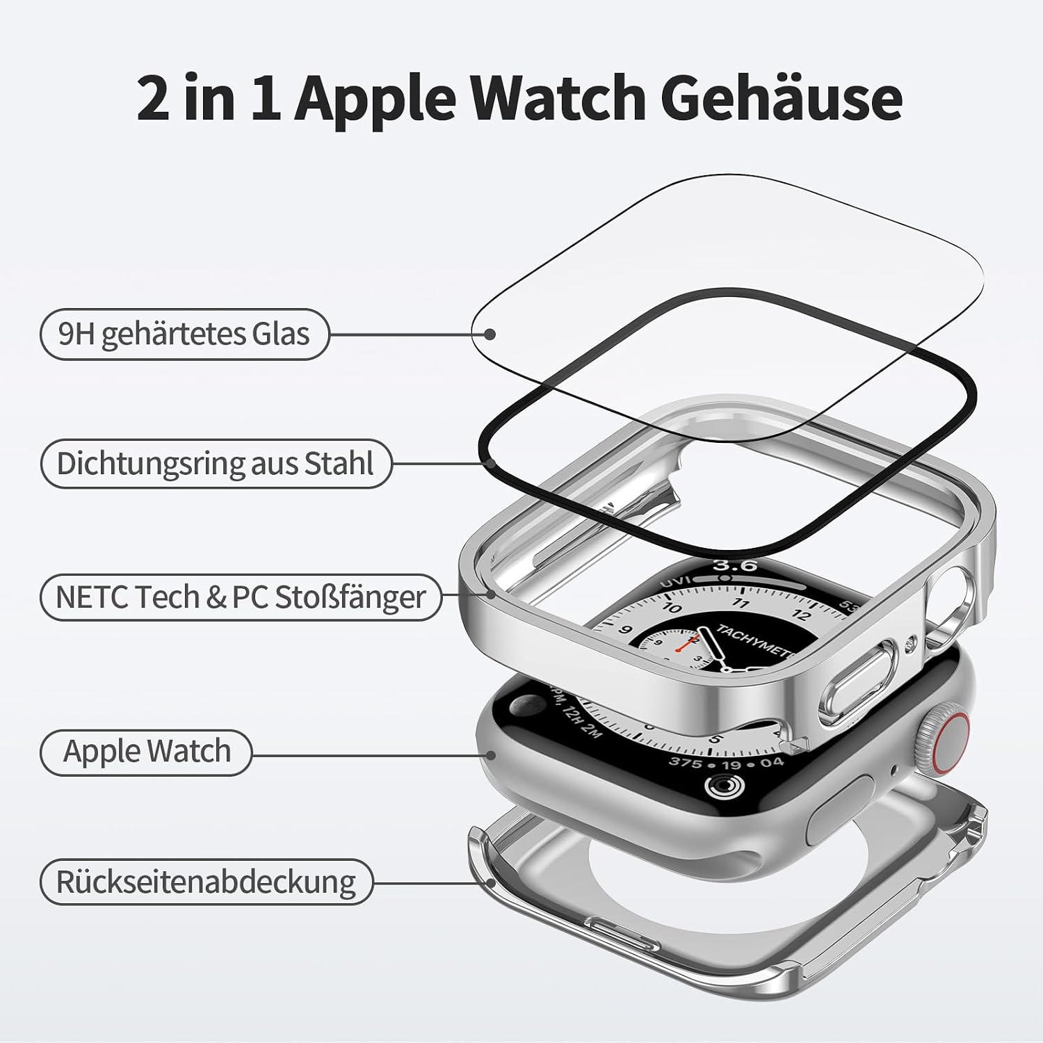 Detalle 2 de Kawoco 2-in-1 wasserdichte Hülle für Apple Watch Series 9/8/7 (41 mm) in Rot – mit gehärteter Glas-Schutzfolie