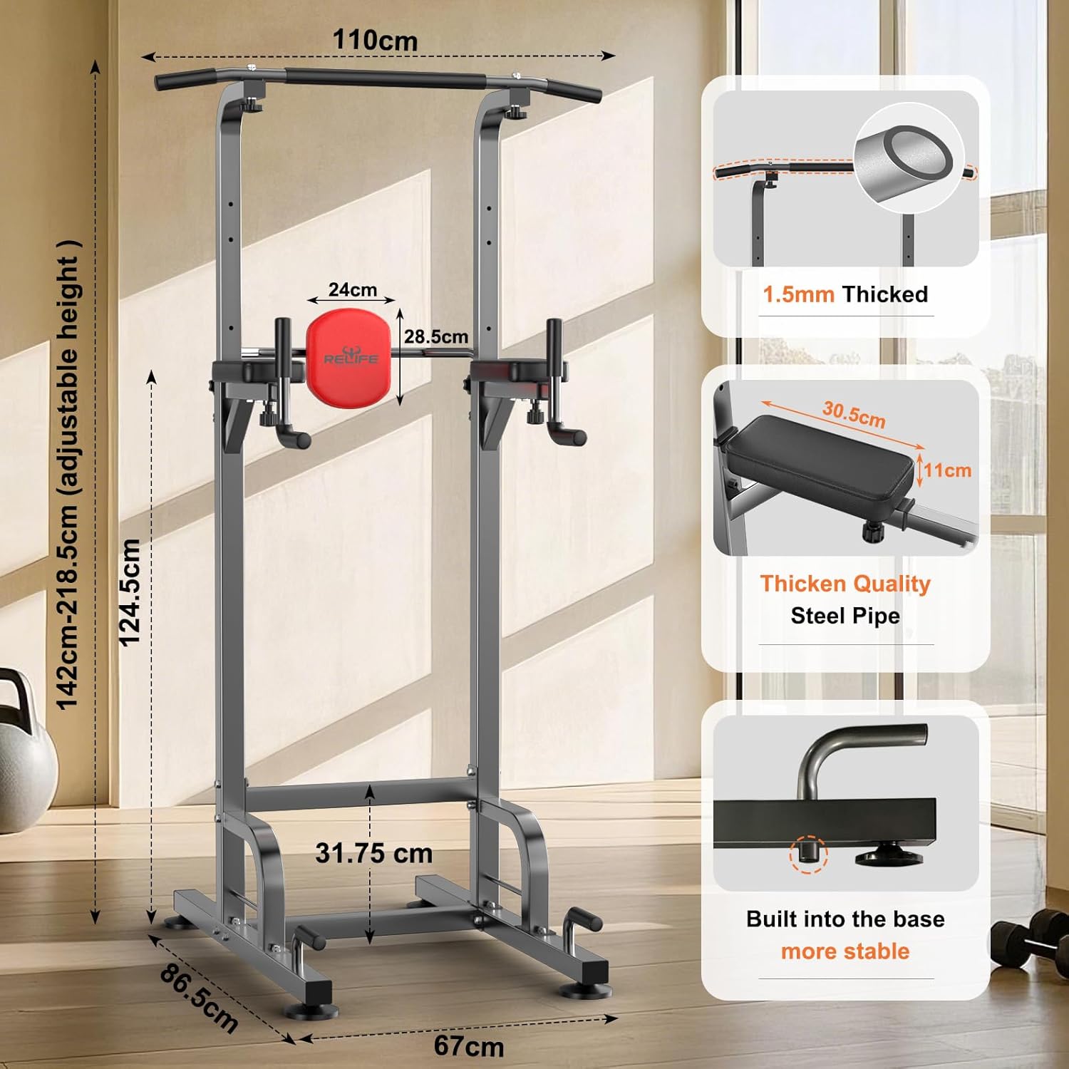 Detalle de RELIFE REBUILD YOUR LIFE Power Tower Klimmzüge & Dips – höhenverstellbare Multifunktions-Kraftstation (Grau) bis 180 kg