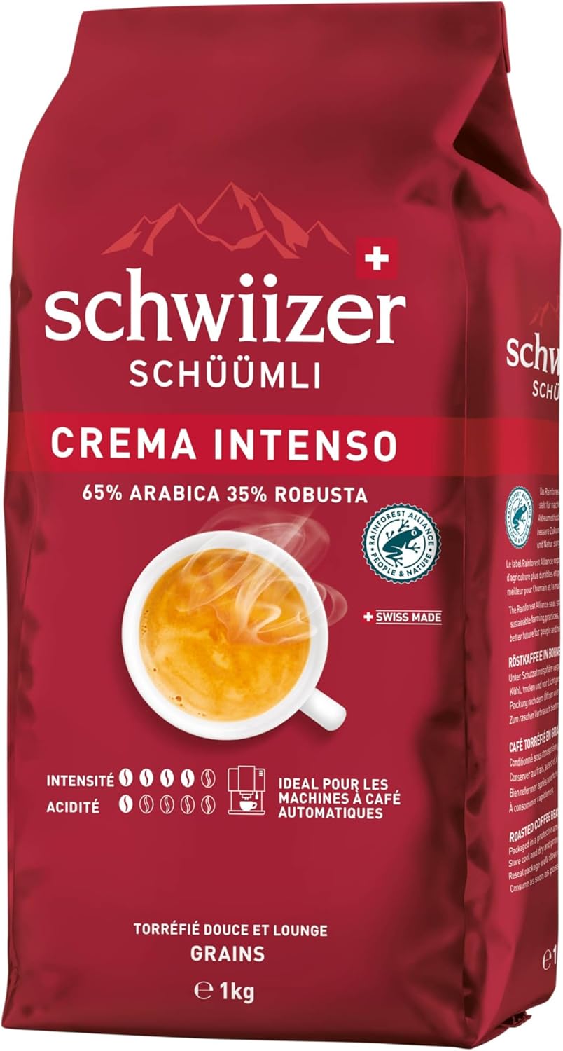 Detalle de Schwiizer Schüümli Intenso – Grains Arabica/Robusta, 65/35, intensité 4/5, torréfaction moyenne, Rainforest Alliance, 1 kg
