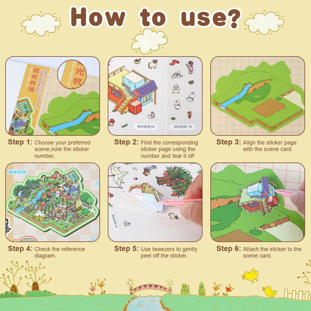 Detalle de Vicloon 3D-landschapsstickerset voor doe-het-zelf, 20 scènes en pincet