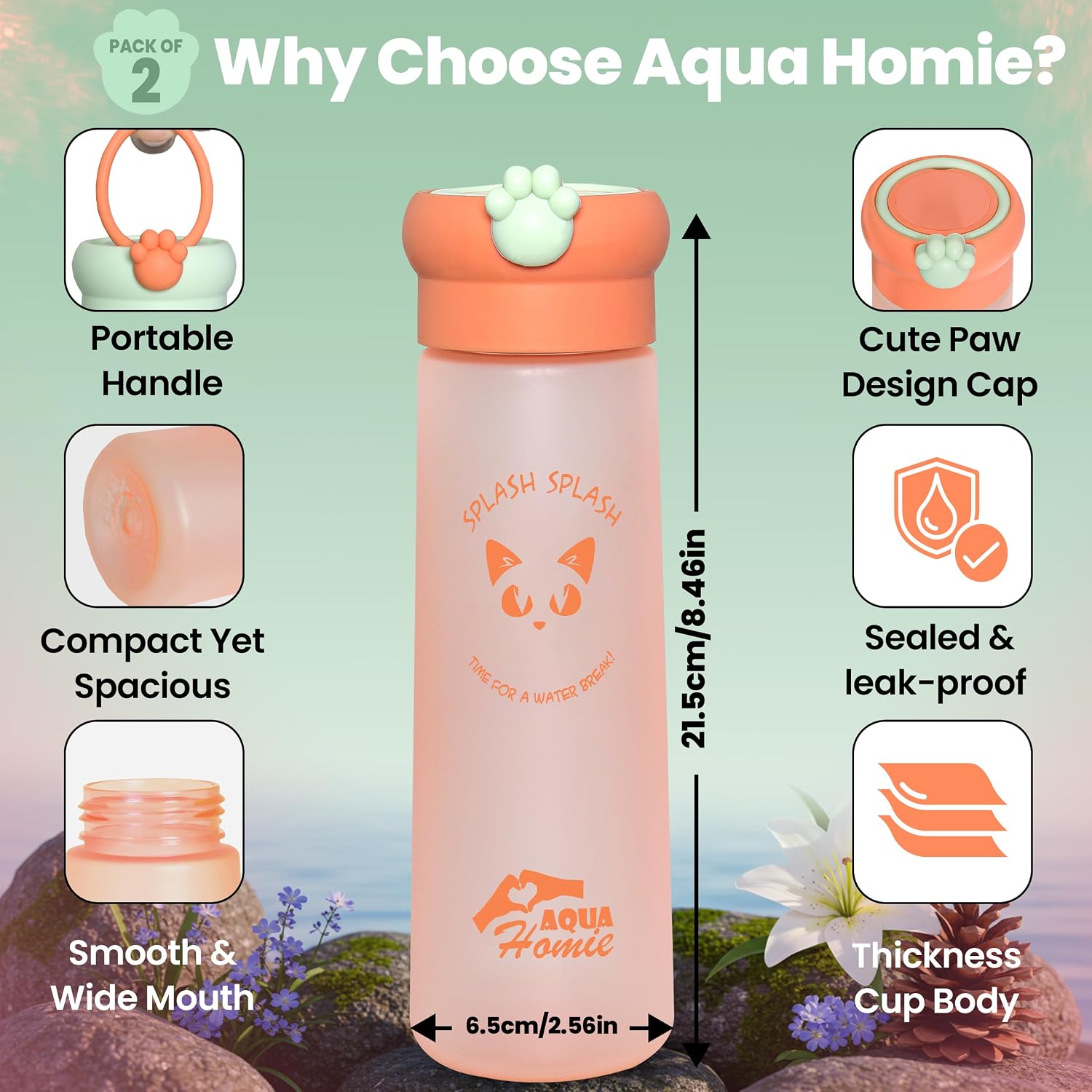 Detalle 2 de AQUA HOMIE 2-pack 530ml motivational water bottles with paw lid (leakproof, BPA-free) – Green & Orange