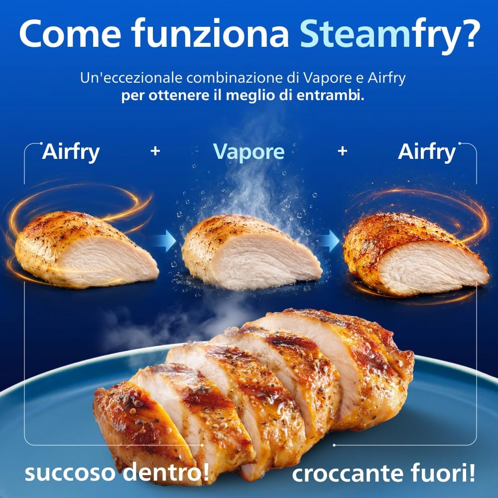 Detalle de Philips Airfryer Serie 5000 con Maxi Capacità e SteamFry – Steam e Frittura ad Aria, 28 Programmi, Doppio Cestello 3L+6L