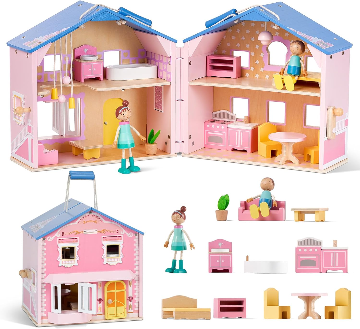 Thumbnail 1 de Giant bean Puppenhaus aus Holz faltbar, tragbar mit Möbeln (35×28×34 cm) – rosafarben ab 3 Jahren