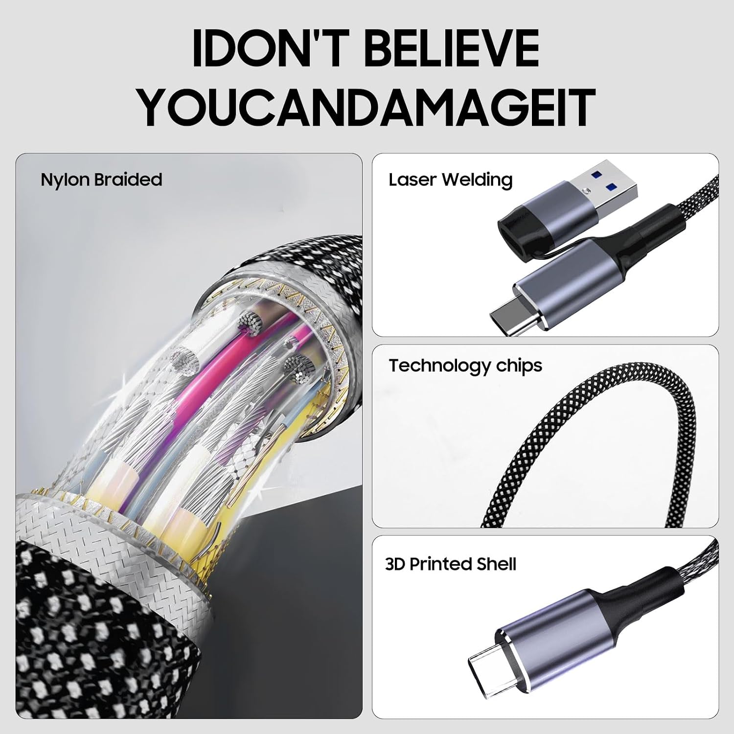 Detalle de TPYoimay 2-in-1 USB A/C to USB-C Data Cable — 6.6ft, 240W Fast Charging, 10Gbps, 4K@60Hz