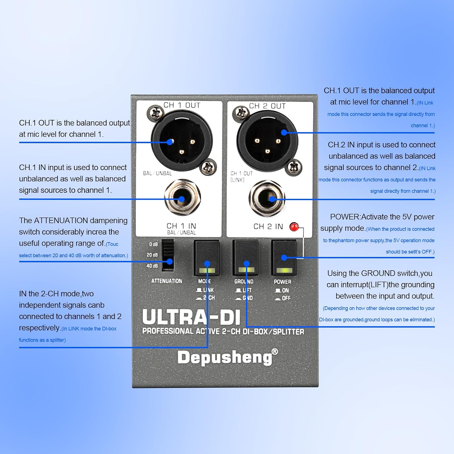 Detalle de Depusheng Ultra-DI Di2 Professional Active 2-Kanal DI-Box/Splitter mit Input-Attenuator für Gitarre & Bass (48V)