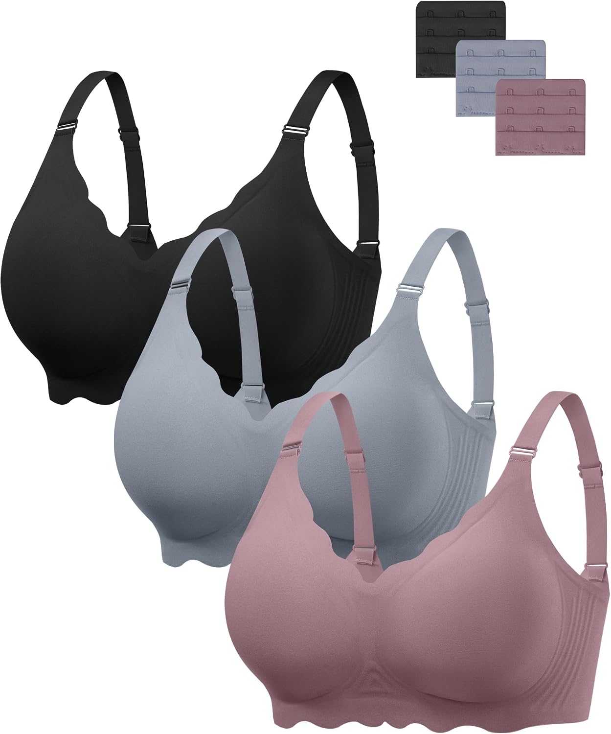 Detalle de Angelhood 3-Pack Seamless Wireless T-Shirt Bras, Full Coverage, Scalloped V-Neck