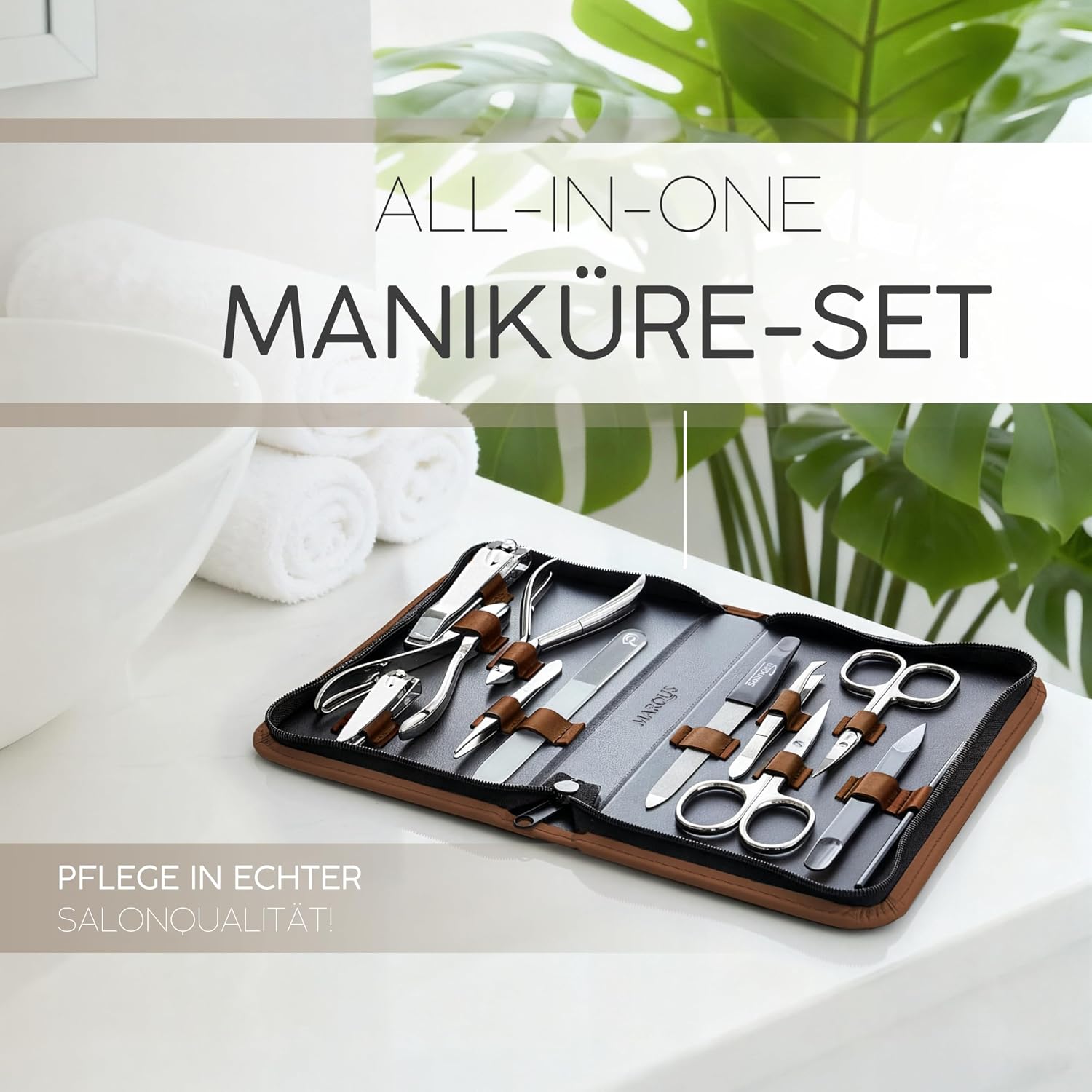 Detalle de marQus Solingen Maniküre Set – 12 Teile im echten Lederetui, handlich und vollständig