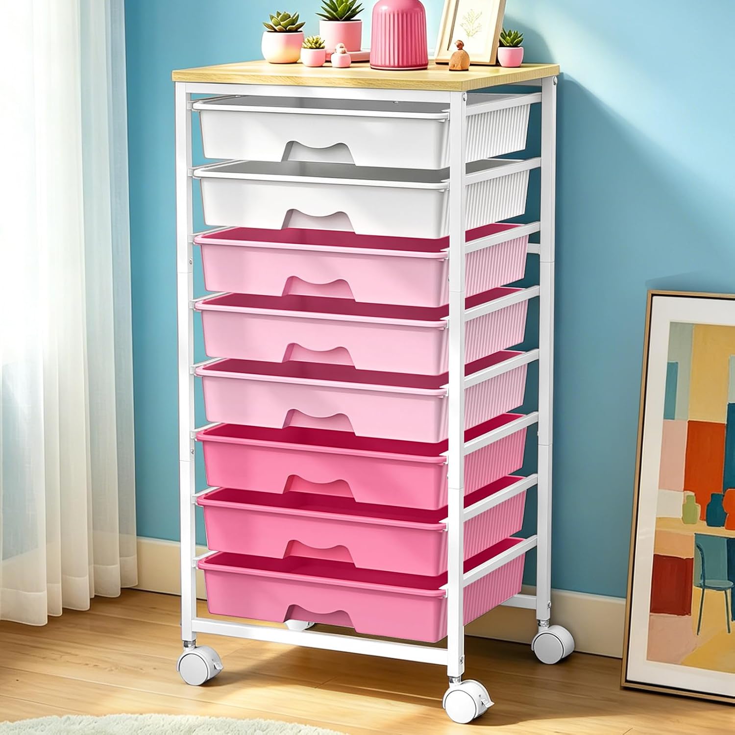Detalle de SUNALLY SN-SDC08PK 8-Drawer Rolling Storage Cart with Wood Top, Pink