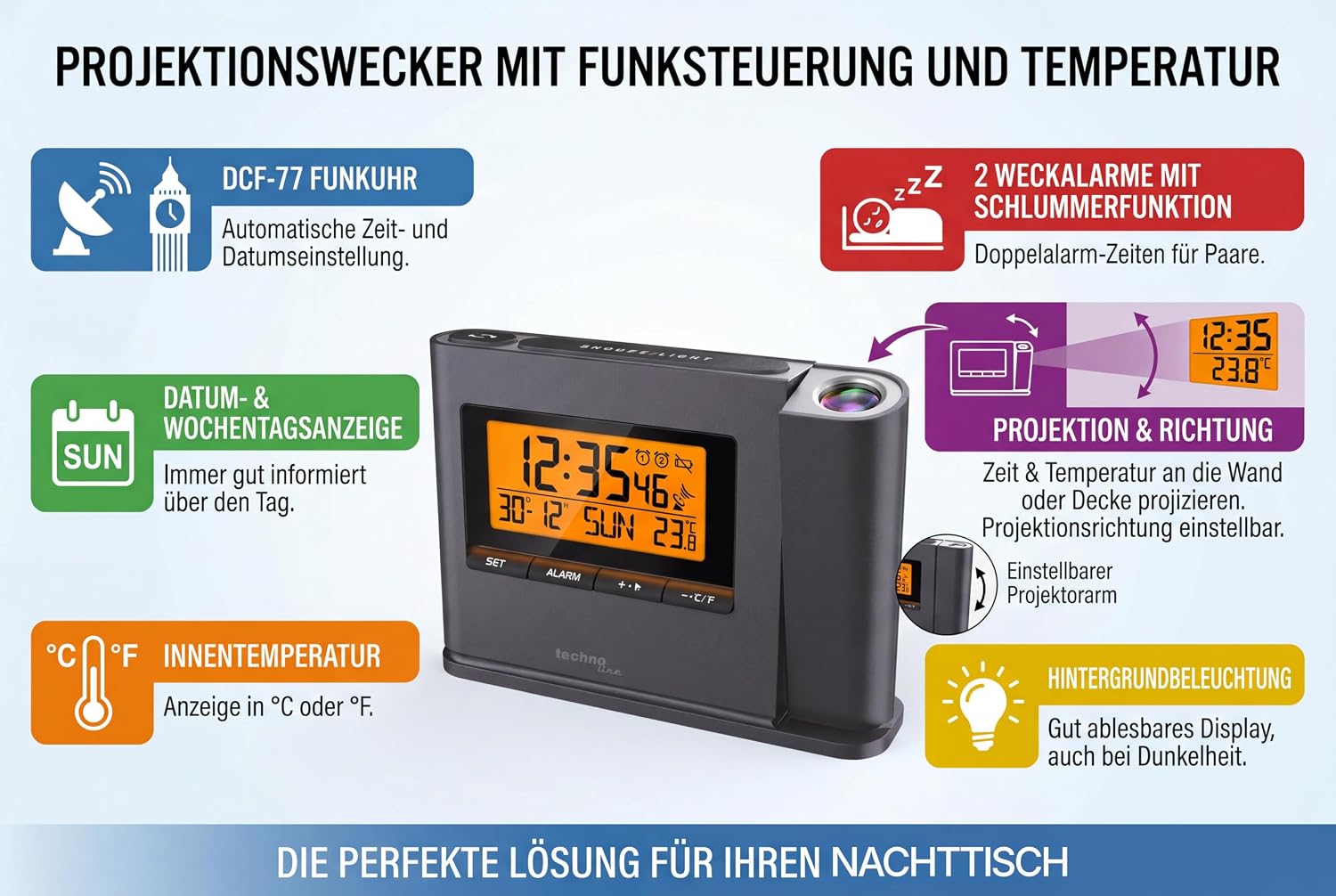 Detalle 2 de Techno Line WT519 Réveil à Projection Noir – horloge radio-pilotée avec projection multilingue