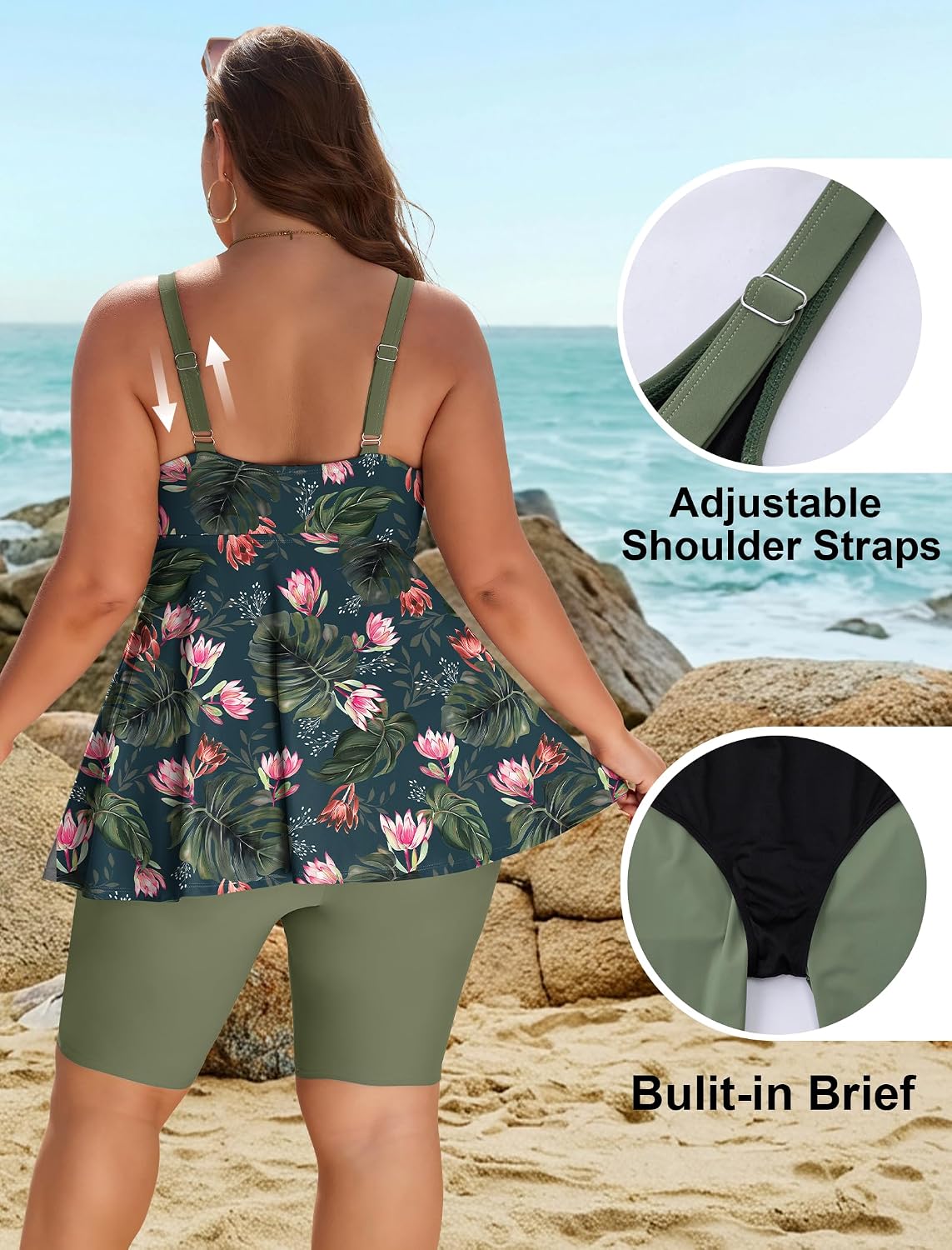 Detalle 2 de Arolina Plus Size Modest Tankini with Shorts – Two-Piece Swimsuit for Full Figure