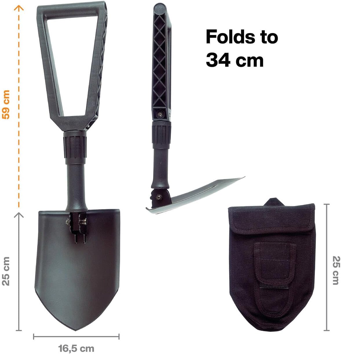 Detalle de Fiskars Klappspaten 59 cm – Multitalentierter Spaten, Hacke oder Schaufel mit Canvas-Tasche