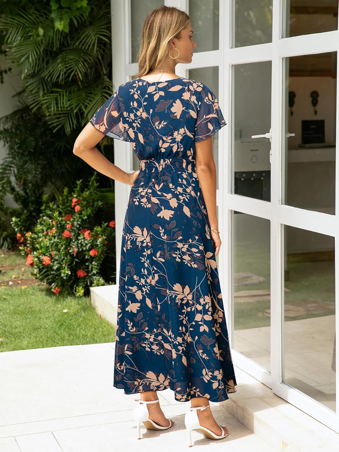Detalle de Simplee Women's Floral Maxi Dress - Short Sleeve Boho Summer Wedding Guest Dress