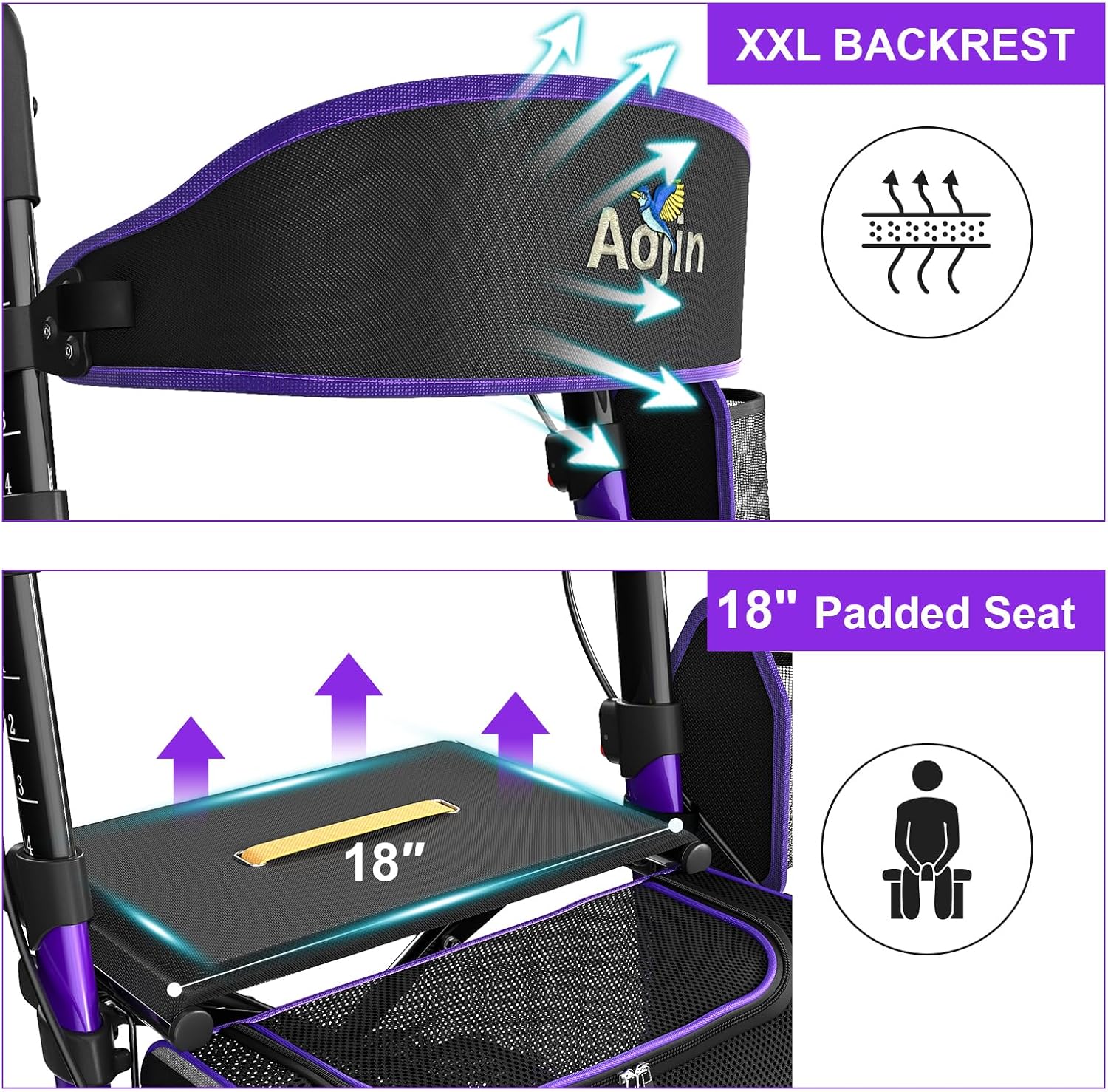 Thumbnail 4 de Walkers for Seniors Rollator with Seat 350 lb Capacity 🟪